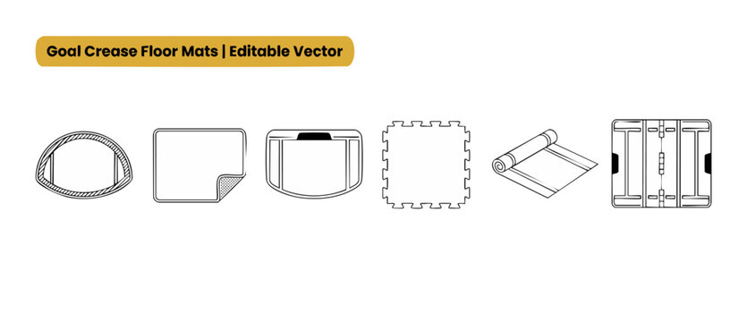 Goal crease floor mat vector icons set showing office chair mats, interlocking puzzle foam tiles, rolled gym mats, and folding fitness pads for indoor floor protection and sports training.