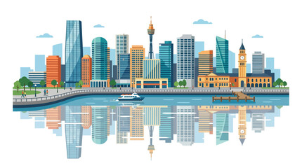 Obraz premium Modern City Skyline with Reflection in Water, Urban Landscape, Downtown Buildings