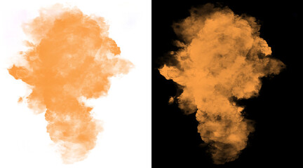 Orange smoke explosion on white and black background, vibrant powder burst effect, colorful dust cloud for creative design overlays © MstNadira