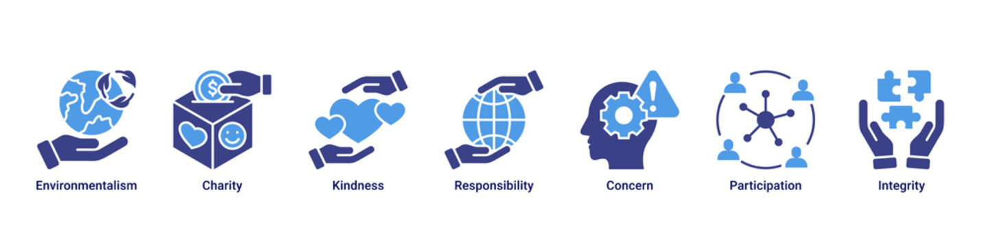 Positive Impact web banner icon vector illustration with icons of Environmentalism, Charity, Kindness, Responsibility, Concern, Participation and Integrity