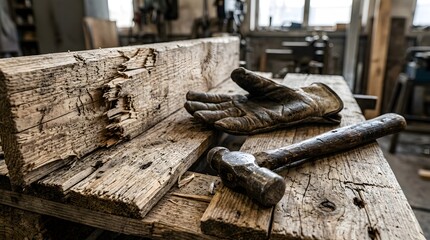 Fototapeta premium Old hammer and gloves in workshop