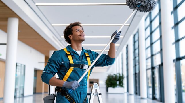 Professional cleaner reaching high ceiling with a duster in a modern office lobby