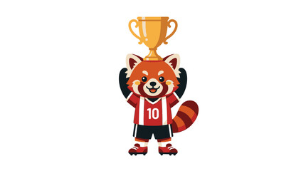 Red panda athlete lifting gold trophy over head. © 602