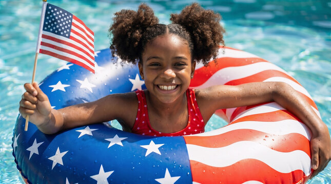 Black child girl holding American flag while enjoying patriotic pool float in swimming pool celebrating 4th of July and Independence Day, summer family vacation and holiday fun