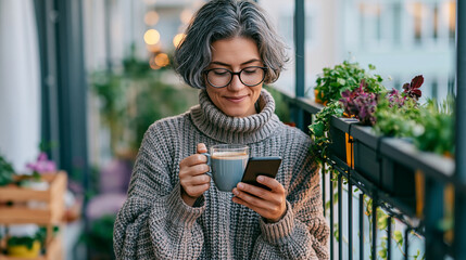 Obraz premium A wide shot of a woman drinking softly calm coffee and using a mobile phone on a bright home balcony balcony coffee open face bright outdoors daylight workspace full scene