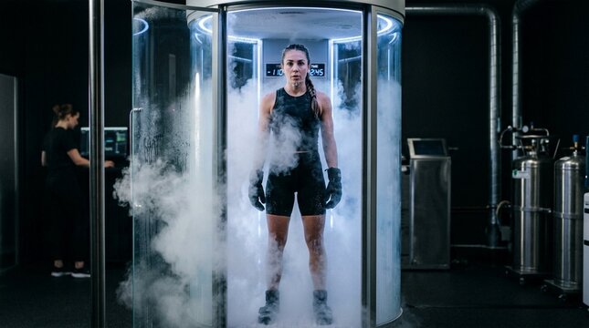 Woman undergoing cryotherapy in a futuristic chamber filled with mist, experiencing cold therapy for recovery and wellness