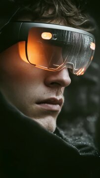 A young male model is captured in a dramatic close up, showcasing advanced AR glasses with illuminated lenses. The image highlights cutting edge wearable tech and contemporary fashion trends