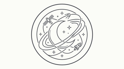 Planet with Rings, Satellites, and Rocket Orbiting in Circular Frame, isolated white background. © paijo