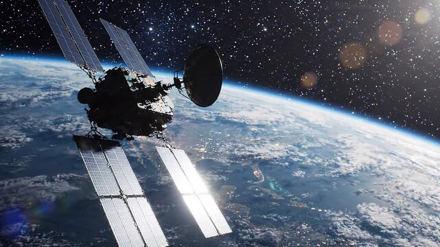 Satellite orbits Earth from space. Earth's blue surface glows beneath it. Stars shine brightly in the dark sky. Solar panels reflect sunlight. The satellite moves steadily through space.
