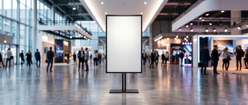 Blank white display stand in a busy exhibition hall with blurred people walking past, showcasing a modern event space with bright lighting and a polished floor