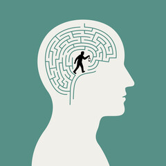 Konceptualna ilustracja psychologiczna z labiryntem wewnątrz ludzkiej głowy i sylwetką człowieka z latarnią. © Monika