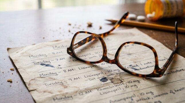 Medication Schedule: Tortoiseshell eyeglasses rest atop a handwritten medication schedule, scattered pills, and a pencil, hinting at a personal health record.