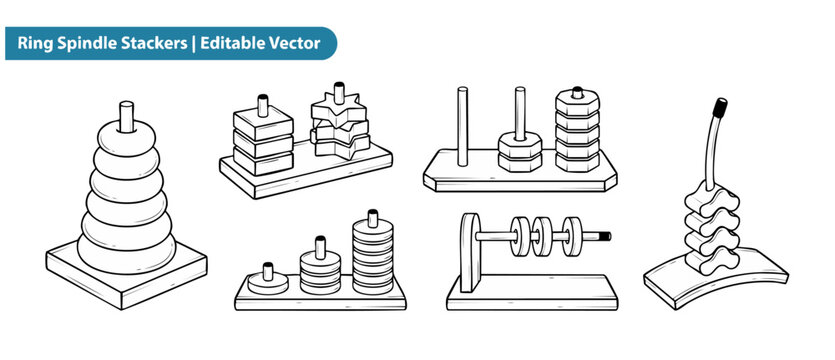 Wooden stacking toys vector set of educational ring spindle stackers. Line art outline illustrations of Montessori sensory development play blocks, sorting color shapes, and child learning activities.