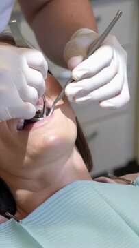 Vertical video: Reclining woman with open jaw at clinic, dentist probing with mirror and probe, bib