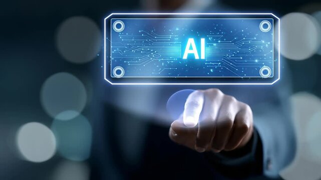 A close up of a hand touching a glowing AI sign on a transparent virtual screen, representing advanced artificial intelligence. The scene conveys progress, technology, and digital transformation
