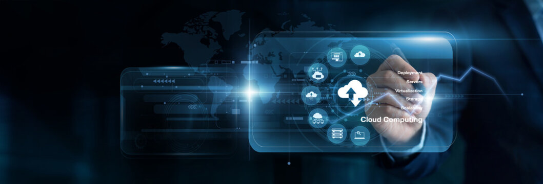 Cloud engineer is using touch pen on a Cloud Computing virtual screen to map out server systems. This highly secure digital interface ensures strict control over global enterprise networks.