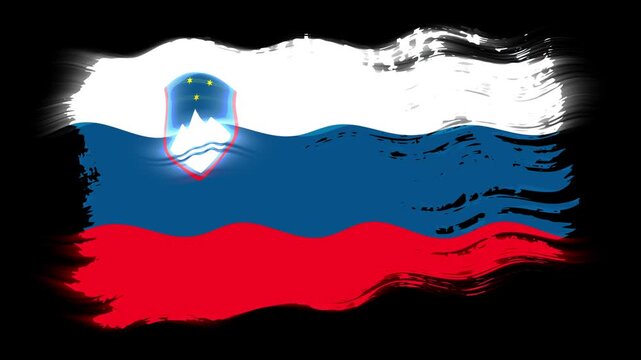 Waving torn Slovenia flag grunge brush burn light leaks, transparent background alpha channel loop full HD