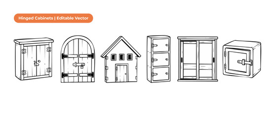 Fototapeta premium Hinged cabinets wooden doors vector line art illustration set outline featuring minimalist black and white furniture icons, locker, cabinet storage, rustic gates, and house shaped box for coloring