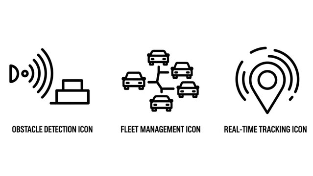 Set of automotive technology icons representing obstacle detection fleet management real-time tracking with automotive tracking technology detection transport navigation management logistics