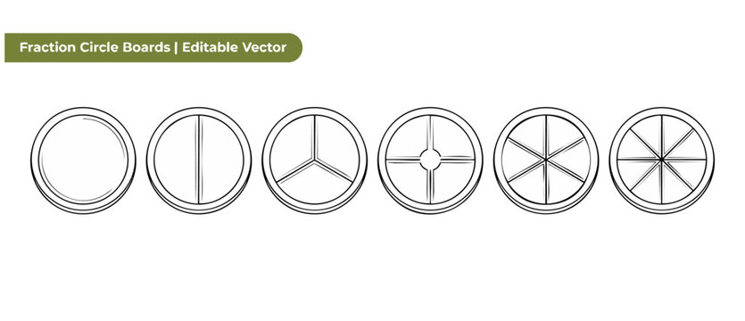 Fraction circle boards vector diagram showing divided circle segments for math education and school learning concepts, hand drawn outline sketch illustration on white background, math manipulatives.
