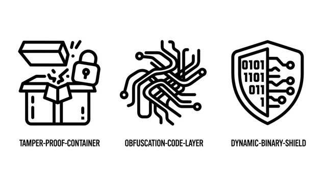Digital security and data protection cyber infrastructure icons with security container obfuscation protection encryption software integrity technology development information computing