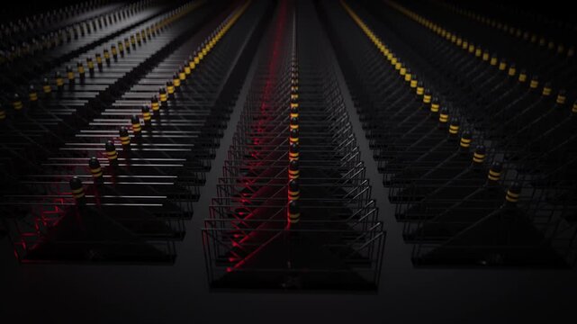 Rows of military drones in a factory, large-scale weapons production