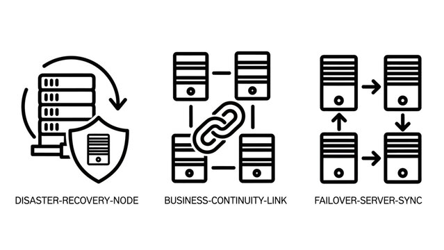 Business continuity and server failover data management icons with disaster recovery business continuity failover synchronization technology infrastructure security protection development