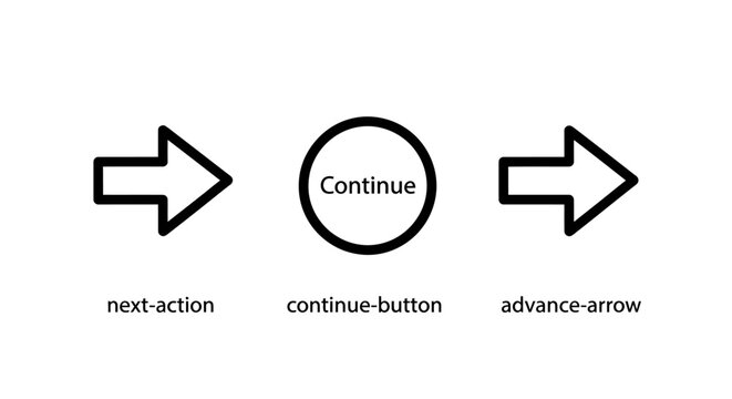 User interface action buttons and navigation arrow icons with continue navigation interface development illustration direction advancement application clickable interactive graphics