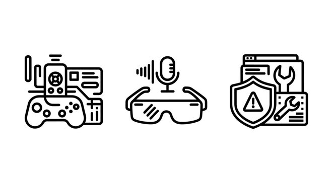 Gaming control microphone audio and technical support shield vector line icons with controller microphone technical software hardware security protection maintenance interface recording