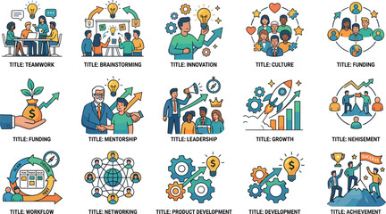 Fototapeta premium Business Growth and Leadership Icon Set Featuring Teamwork Innovation Networking Mentorship Achievement and Professional Development