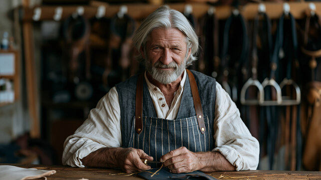 Master saddler in a leather workshop stitches equestrian bridle hardware by hand at a wooden bench, awl and waxed thread in weathered fingers, bridles and stirrups hanging on wall
