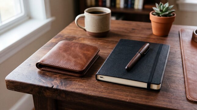 Leather Wallet and Black Notebook on Wooden Desk.