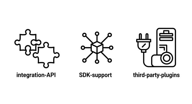 Software development icons set for api integration and sdk support and plugin connectivity with integration connectivity software development programming connector computer technology hardware