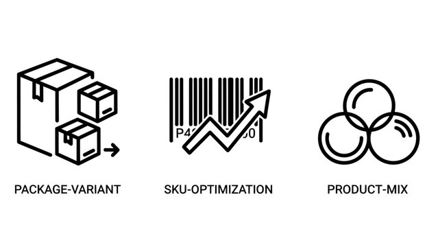 Logistics and retail icons representing package variant sku optimization and product mix with logistics optimization shipping delivery inventory management warehouse business commerce