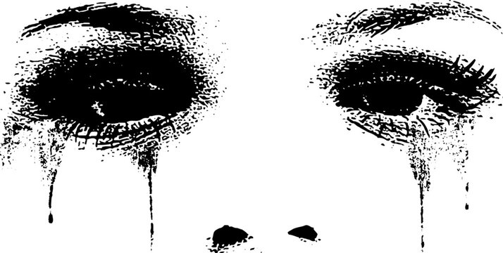 Empty eye sockets face with dripping tears and hollow black ink for horror poster background and eerie banner design