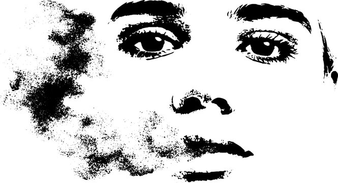 High contrast black and white portrait of a face emerging from smoke for poster background and graphic design