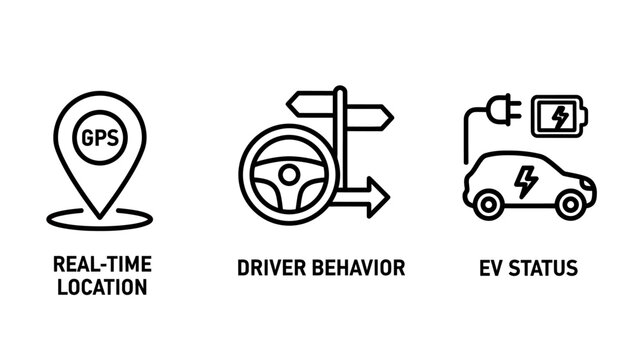 Set of automotive technology and electric vehicle status line icons with steering wheel automotive location behavior charging technology navigation transport tracking mobility electric