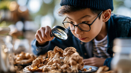 Obraz premium A wide shot of a boy examining softly calm mushrooms with a magnifying glass outdoors during a bright educational activity magnify mushrooms open face bright outdoors daylight
