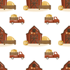 Pattern red car with autumn haystack, сountry barn. Illustration of autumn harvest is hand drawn . Seamless print on isolated background for design textiles, fabrics, wallpaper, packaging, clothes © Evgeniia