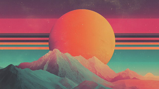 Retro futuristic landscape art with a huge vibrant sun rising behind mountains, synthwave vector background with horizontal lines and grain texture, 80s aesthetic vaporwave poster design.