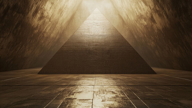 Inside ancient pyramid tomb chamber background. Abstract golden light beam shining on stone pyramid structure. Mystic dark temple interior corridor with concrete texture floor.