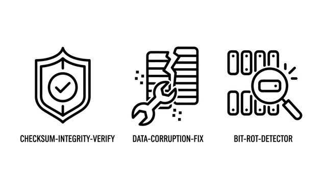 Data security and integrity repair maintenance icons with checksum integrity security corruption detector magnifying maintenance protection database information recovery troubleshooting