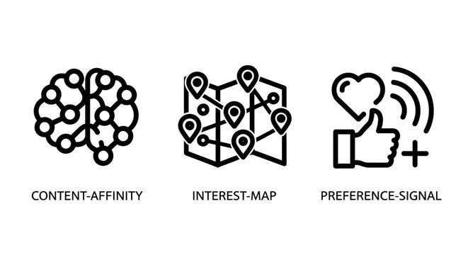 User behavior analysis and content engagement icons with affinity interest location preference feedback behavior analytics engagement marketing intelligence connection tracking geography