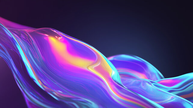 Abstract 3D holographic fluid wave background. Smooth iridescent liquid metal chrome flow. Trendy vibrant pearlescent gradient surface design element with dark copy space.