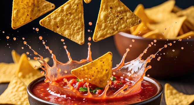 Tortilla chips are jumping into a bowl of salsa with a splash.
