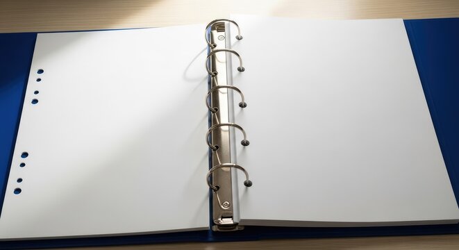 A ring binder lies open on a table with blank white pages and blue covers.