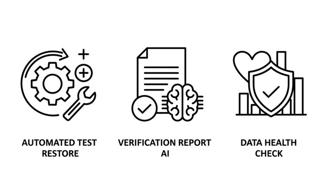 Icon set representing automated test restore artificial intelligence verification report and data health check with automated intelligence verification artificial analysis document computer