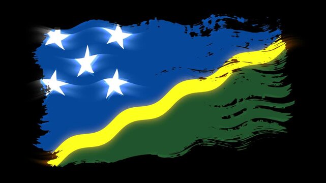 Waving torn Solomon Islands flag grunge brush burn light leaks, transparent background alpha channel loop full HD