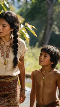 Vertical video: Walking woman and child moving along sunlit riverbank, showing pendant necklaces