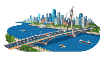 Fototapeta premium Modern City Skyline with Suspension Bridge Over River, Urban Landscape